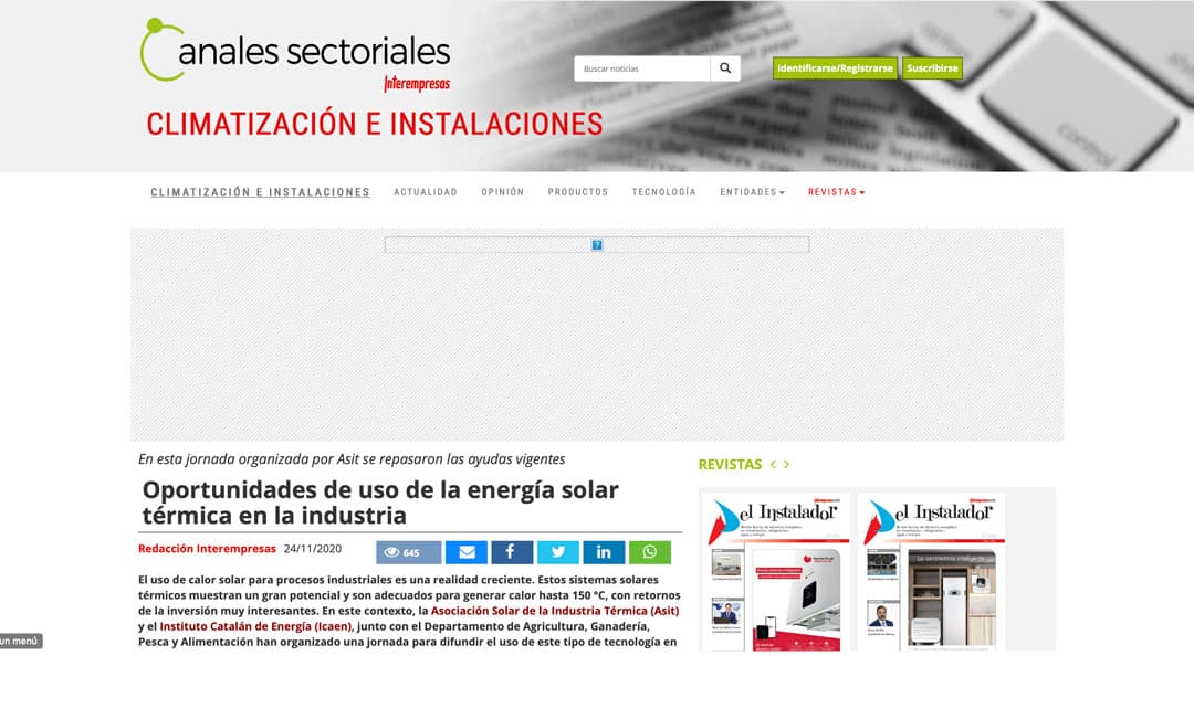 Interempresas – Oportunidades de uso de la energía solar térmica en la industria