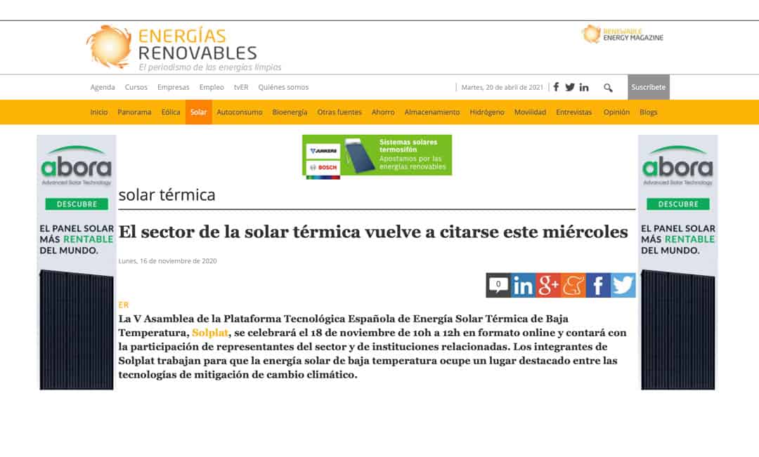 Entrevista en Energías Renovables – El sector de la solar térmica vuelve a citarse este miércoles