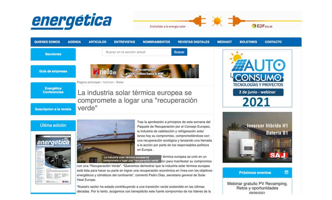 Energética – La industria solar térmica europea se compromete a logar una “recuperación verde”